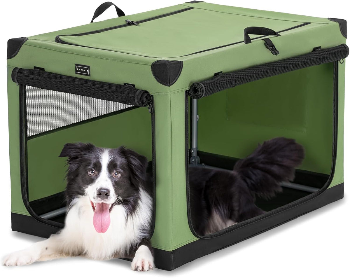 36" Soft Portable Dog Crate – Patented Spiral Sturdy Frame, Collapsible Travel Kennel for Medium & Large Dogs, 3 Mesh Door, Lockable Zippers, Indoor & Car Use Green