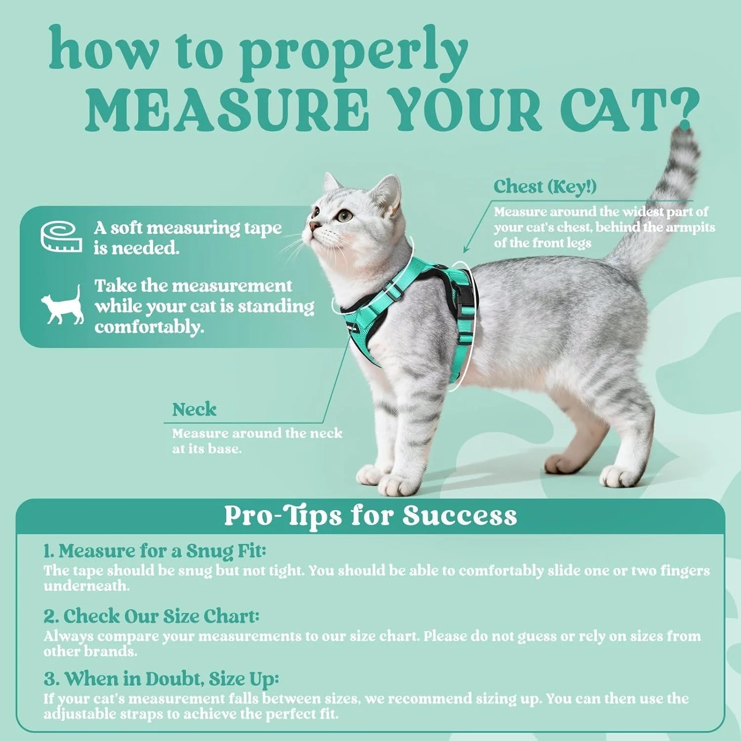 Cat Harness and Leash for Walking, Escape Proof Soft Adjustable Vest Harnesses for Cats, Easy Control Breathable Reflective Strips Jacket, Turquoise Green