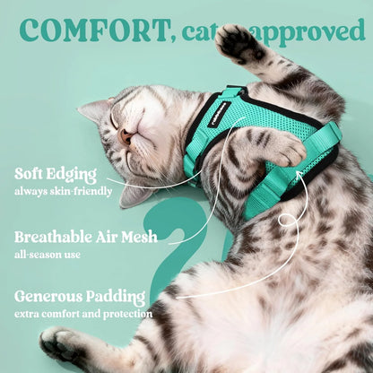 Cat Harness and Leash for Walking, Escape Proof Soft Adjustable Vest Harnesses for Cats, Easy Control Breathable Reflective Strips Jacket, Turquoise Green