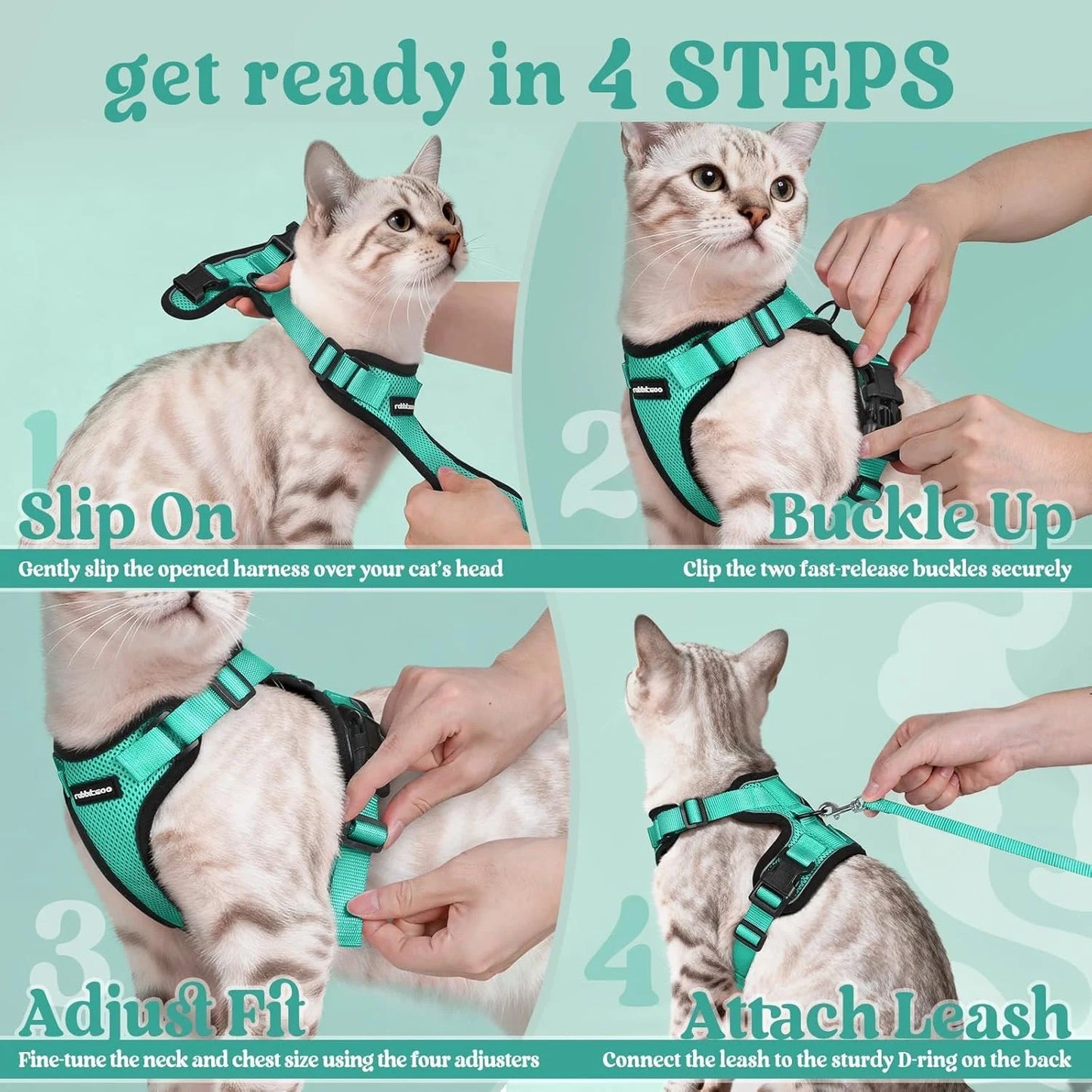 Cat Harness and Leash for Walking, Escape Proof Soft Adjustable Vest Harnesses for Cats, Easy Control Breathable Reflective Strips Jacket, Turquoise Green
