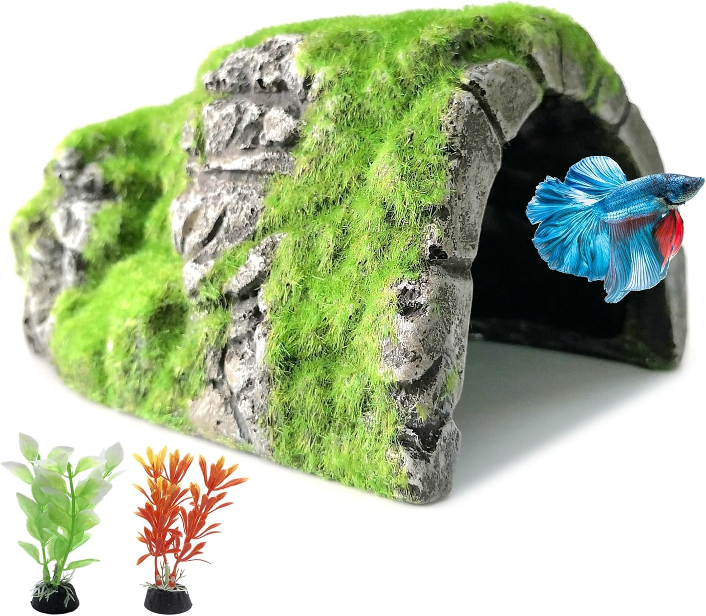 Aquarium Decorations Fish Hideout House Betta Cave with Green Lifelike Moss (Betta Rock Cave)