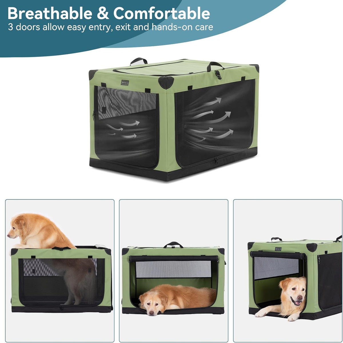 36" Soft Portable Dog Crate – Patented Spiral Sturdy Frame, Collapsible Travel Kennel for Medium & Large Dogs, 3 Mesh Door, Lockable Zippers, Indoor & Car Use Green