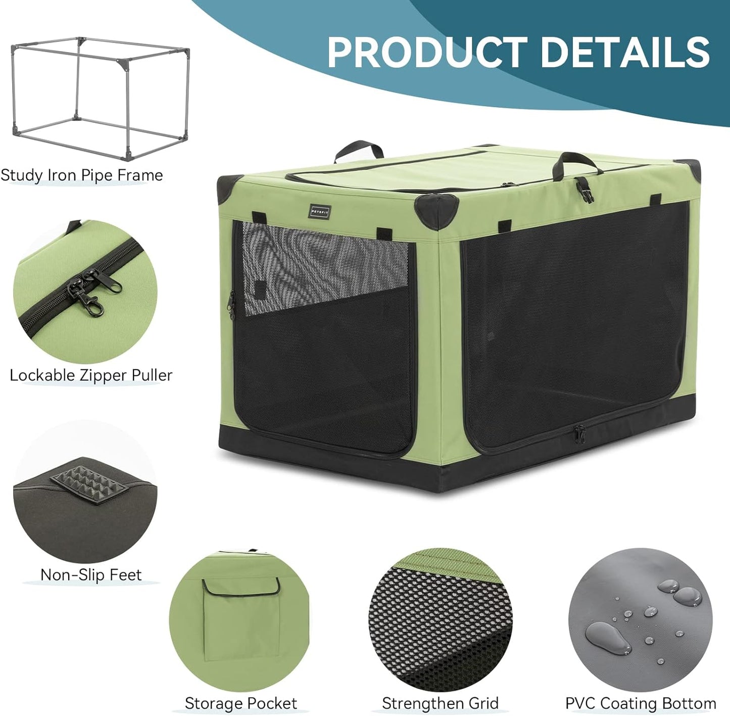 36" Soft Portable Dog Crate – Patented Spiral Sturdy Frame, Collapsible Travel Kennel for Medium & Large Dogs, 3 Mesh Door, Lockable Zippers, Indoor & Car Use Green
