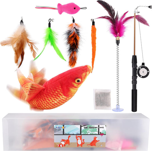 Figoal Cat Toy with Moving Fish and Sea Pole (Orange) Realistic Moving Fish Flopping Interactive Wiggle Moving Cat Kicker Fish Toy with Plush Interactive Cat Toys, Fun Toy for Cat Exercise