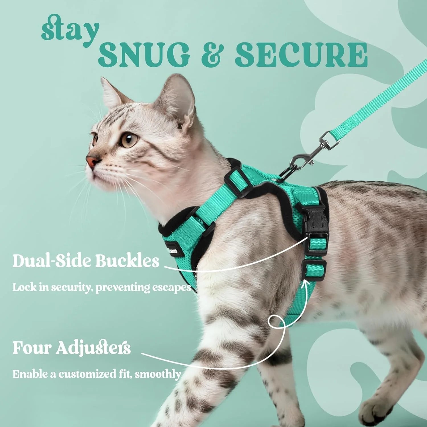 Cat Harness and Leash for Walking, Escape Proof Soft Adjustable Vest Harnesses for Cats, Easy Control Breathable Reflective Strips Jacket, Turquoise Green
